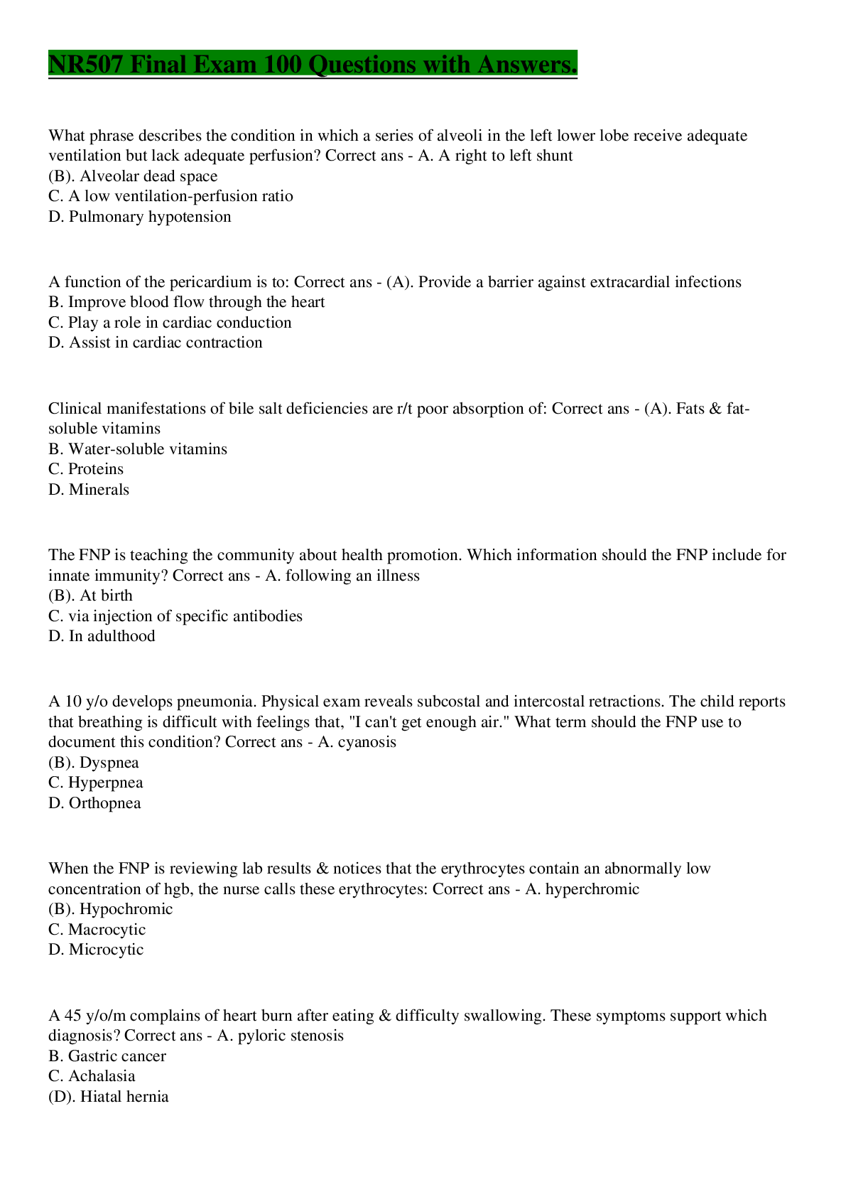 NR507 Final Exam 100 Questions with Answers. Browsegrades